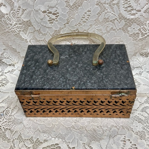 Vintage, Pierced Copper Tone Metal and Gray Lucite Boxy Purse- 8in x4.5 x 3.5in - Picture 4 of 12